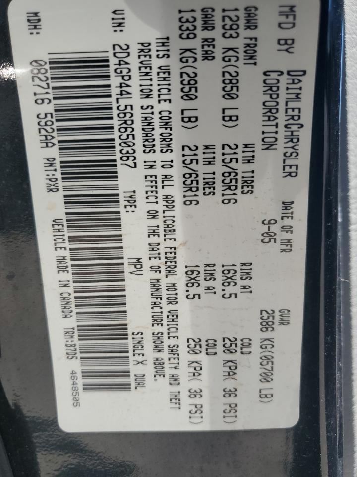 2006 Dodge Grand Caravan Sxt VIN: 2D4GP44L56R650367 Lot: 62733225