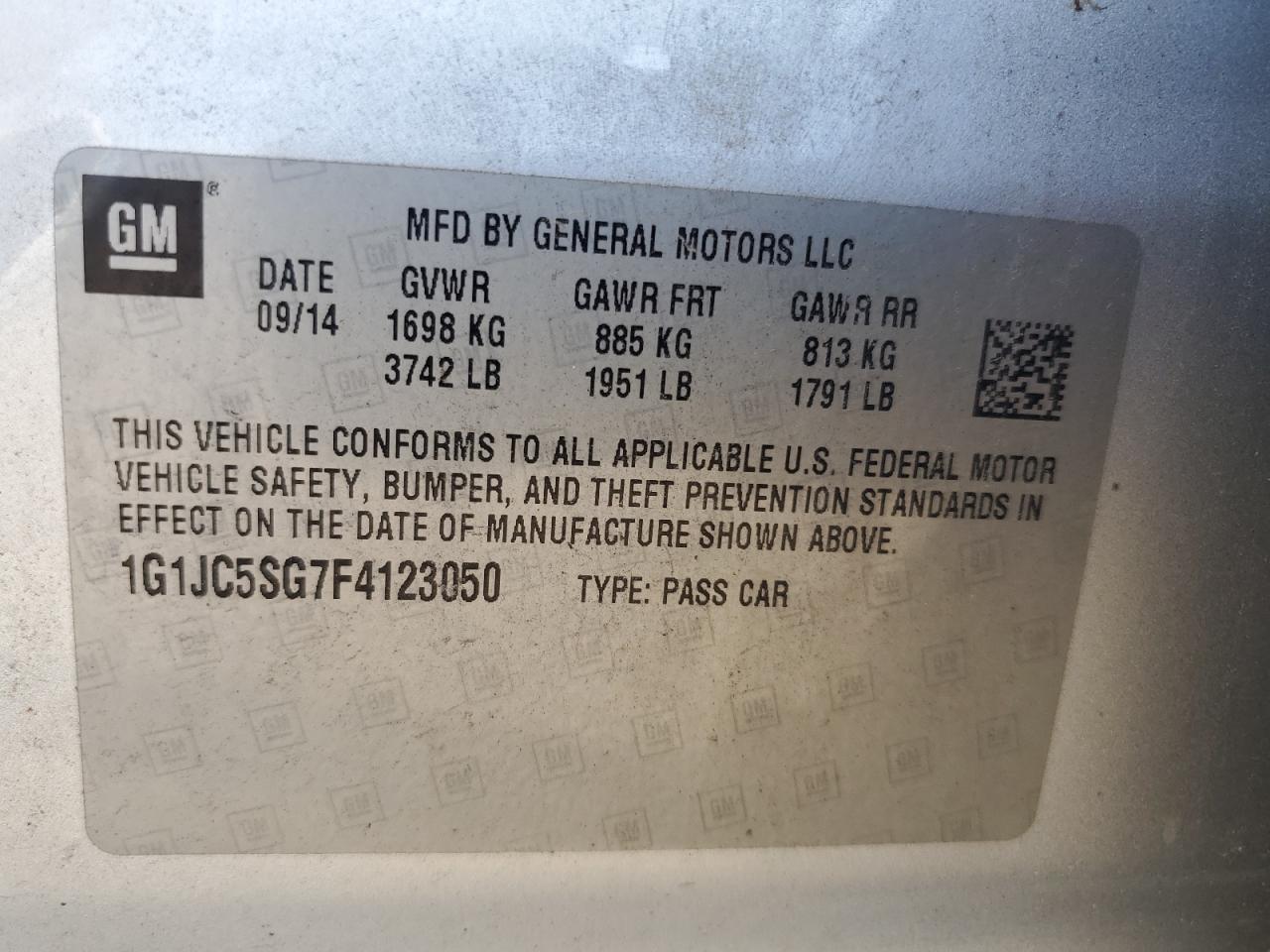 2015 Chevrolet Sonic Lt VIN: 1G1JC5SG7F4123050 Lot: 64349315
