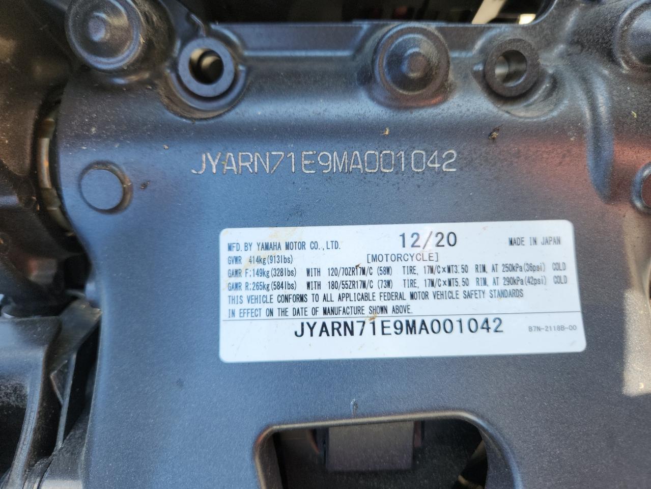 2021 Yamaha Mt09 VIN: JYARN71E9MA001042 Lot: 63115955