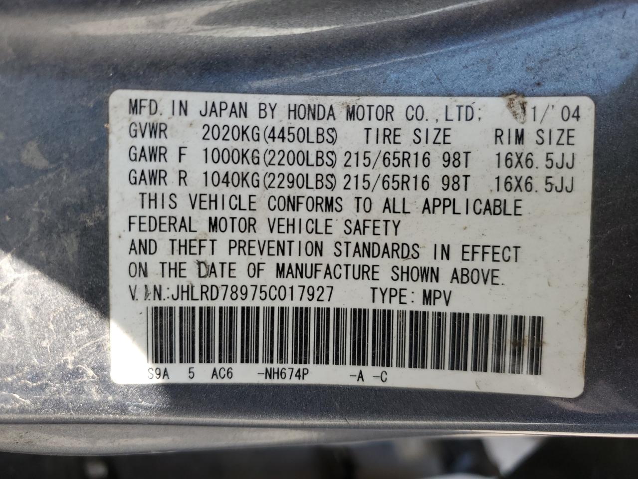 2005 Honda Cr-V Se VIN: JHLRD78975C017927 Lot: 64180235