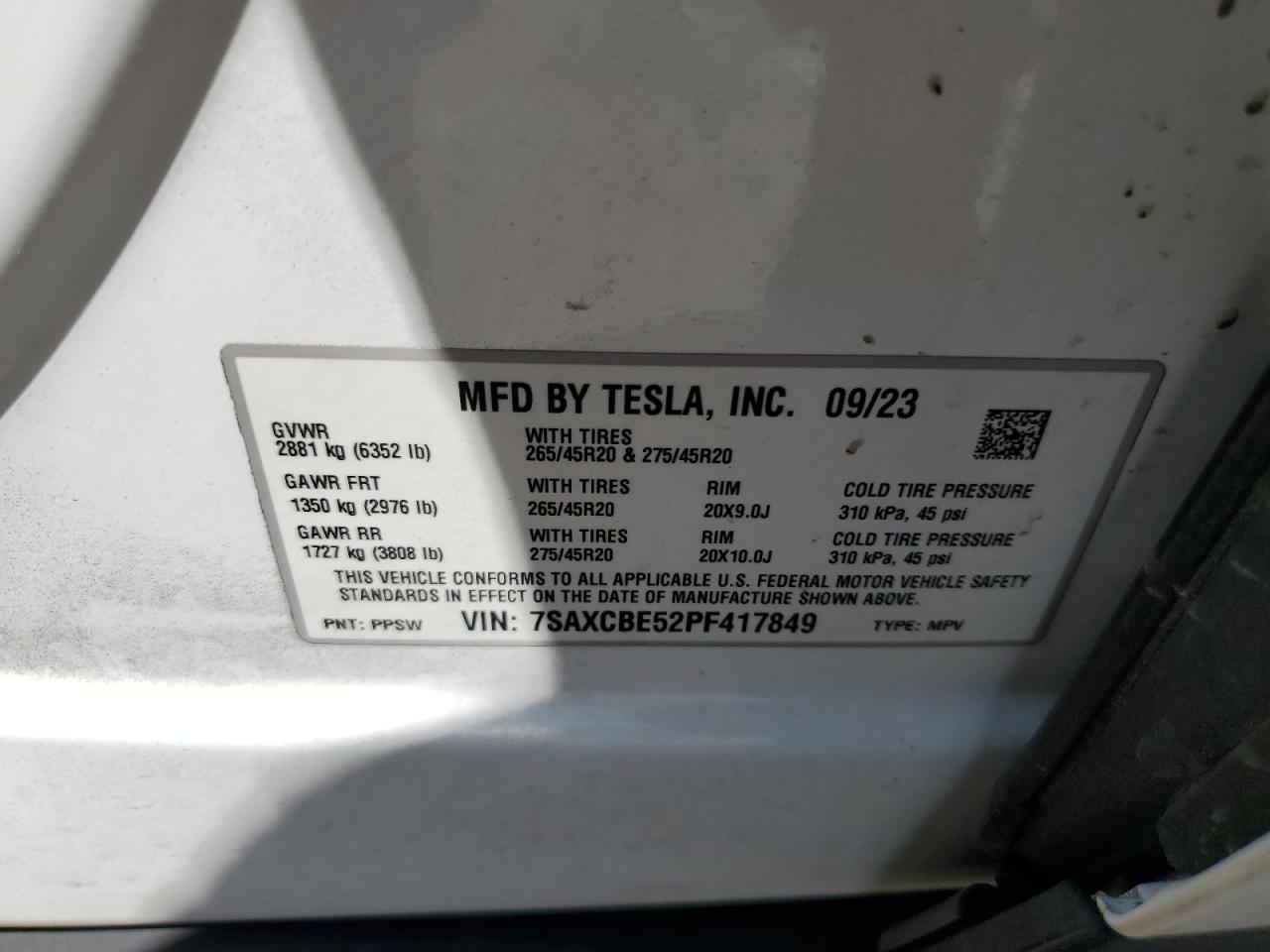 2023 Tesla Model X VIN: 7SAXCBE52PF417849 Lot: 63702015