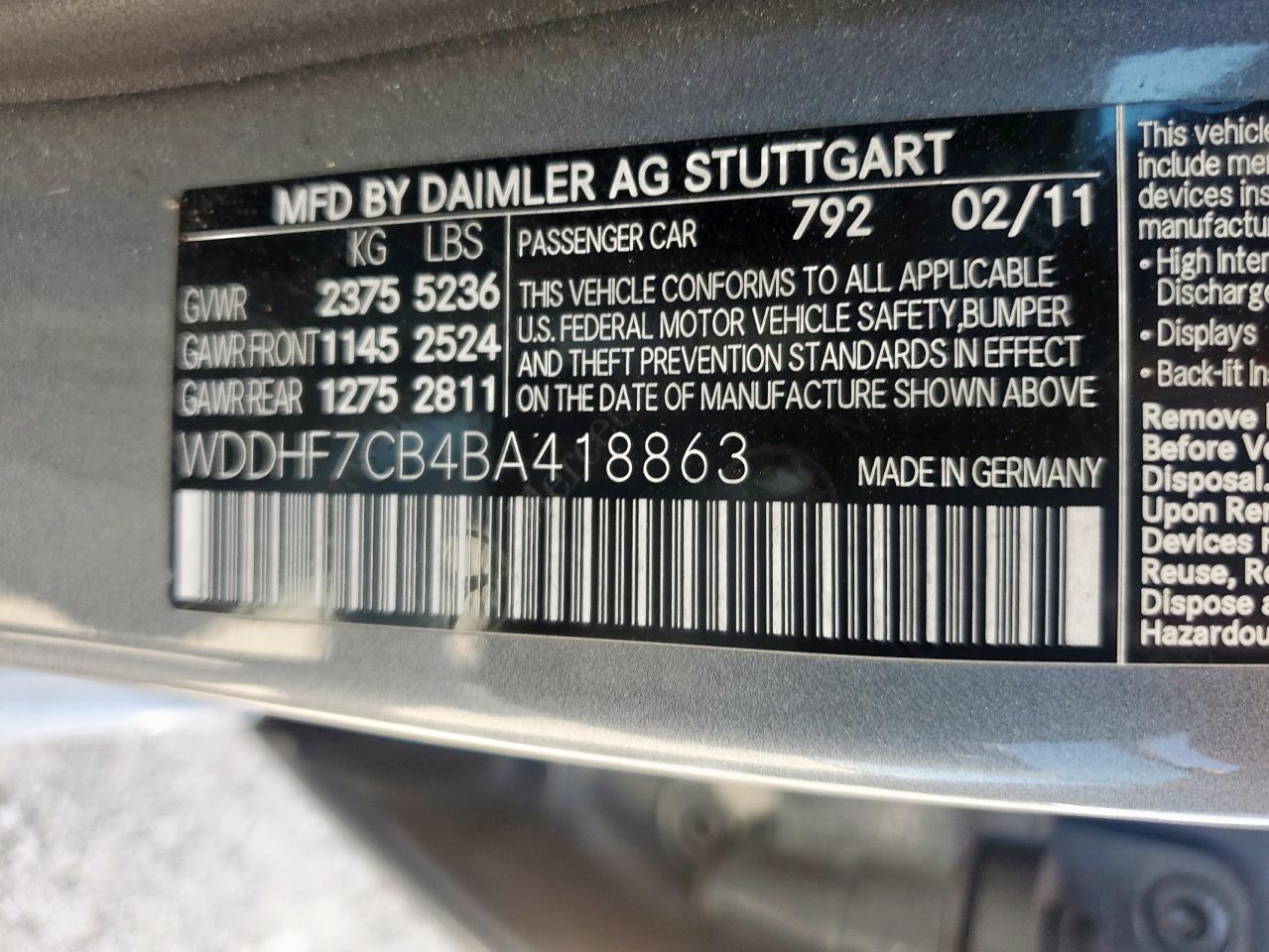 2011 Mercedes-Benz E 550 VIN: WDDHF7CB4BA418863 Lot: 61923335