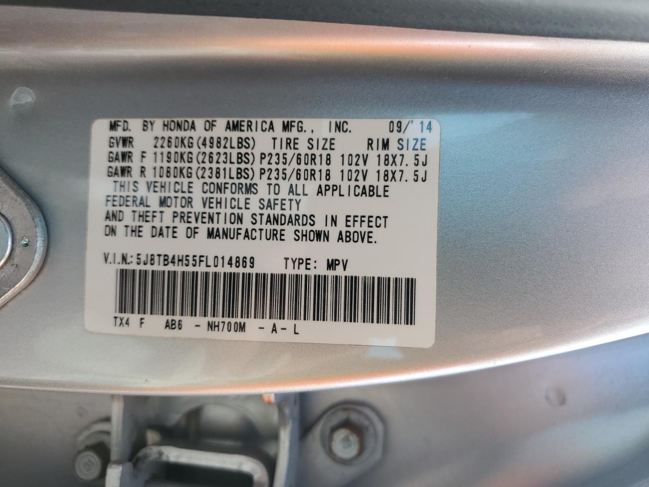 2015 Acura Rdx Technology VIN: 5J8TB4H55FL014869 Lot: 63154635