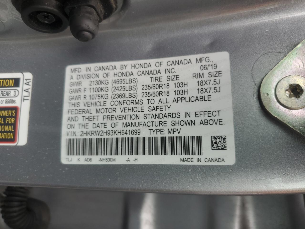 2019 Honda Cr-V Touring VIN: 2HKRW2H93KH641699 Lot: 63911425
