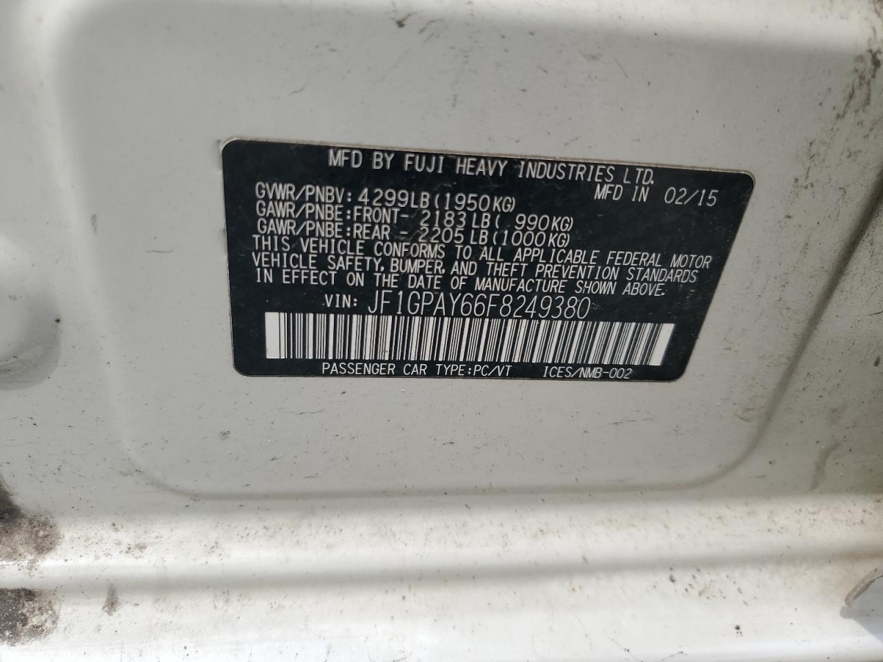 2015 Subaru Impreza Sport VIN: JF1GPAY66F8249380 Lot: 62912295