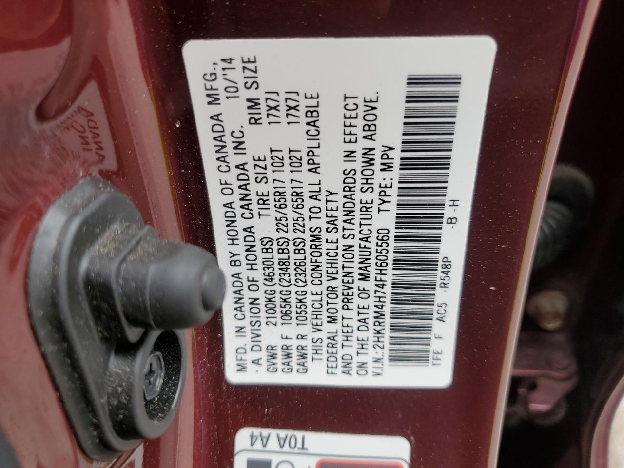 2015 Honda Cr-V Exl VIN: 2HKRM4H74FH605560 Lot: 64563175