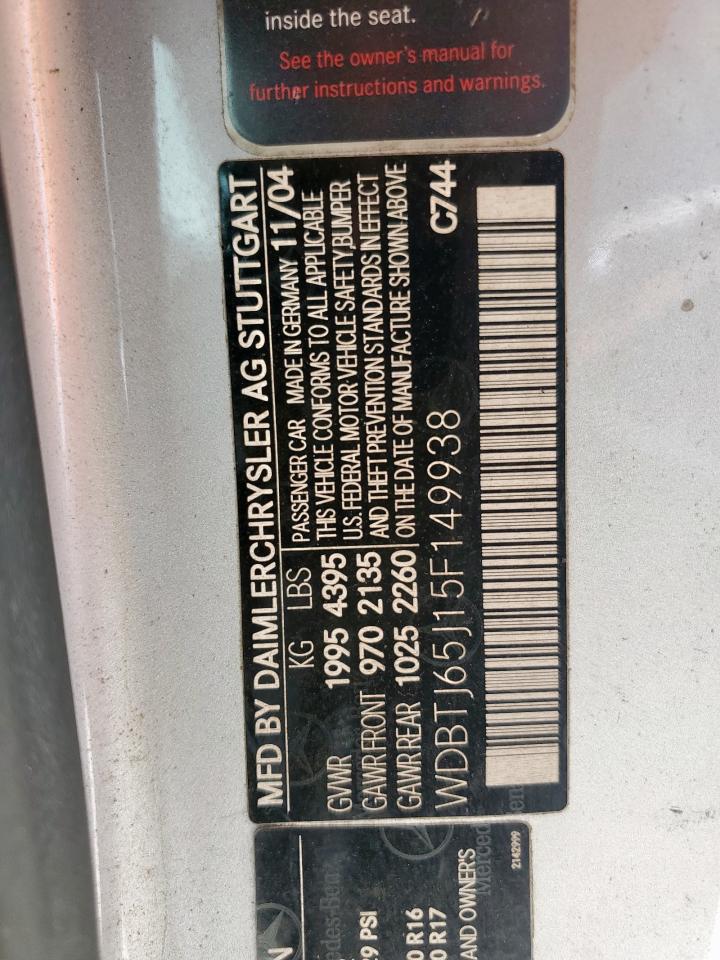 2005 Mercedes-Benz Clk 320C VIN: WDBTJ65J15F149938 Lot: 64590055