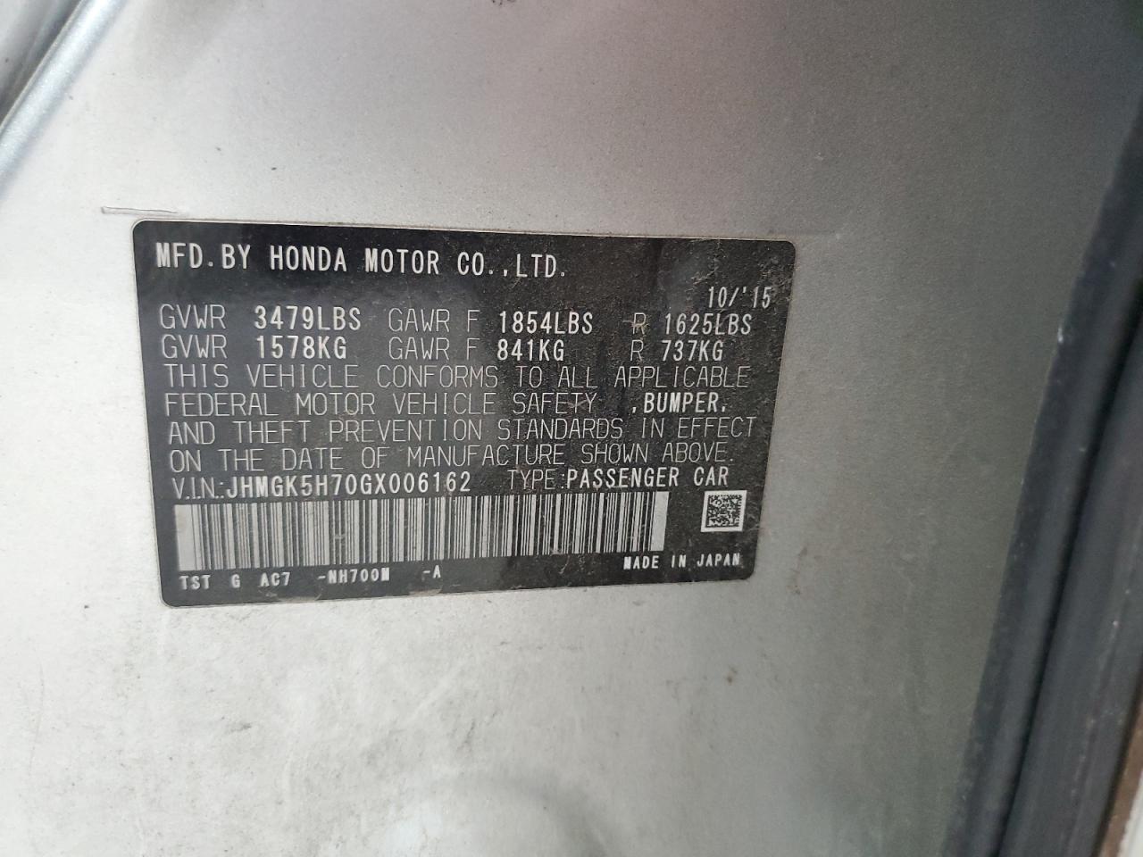2016 Honda Fit Ex VIN: JHMGK5H70GX006162 Lot: 63143785