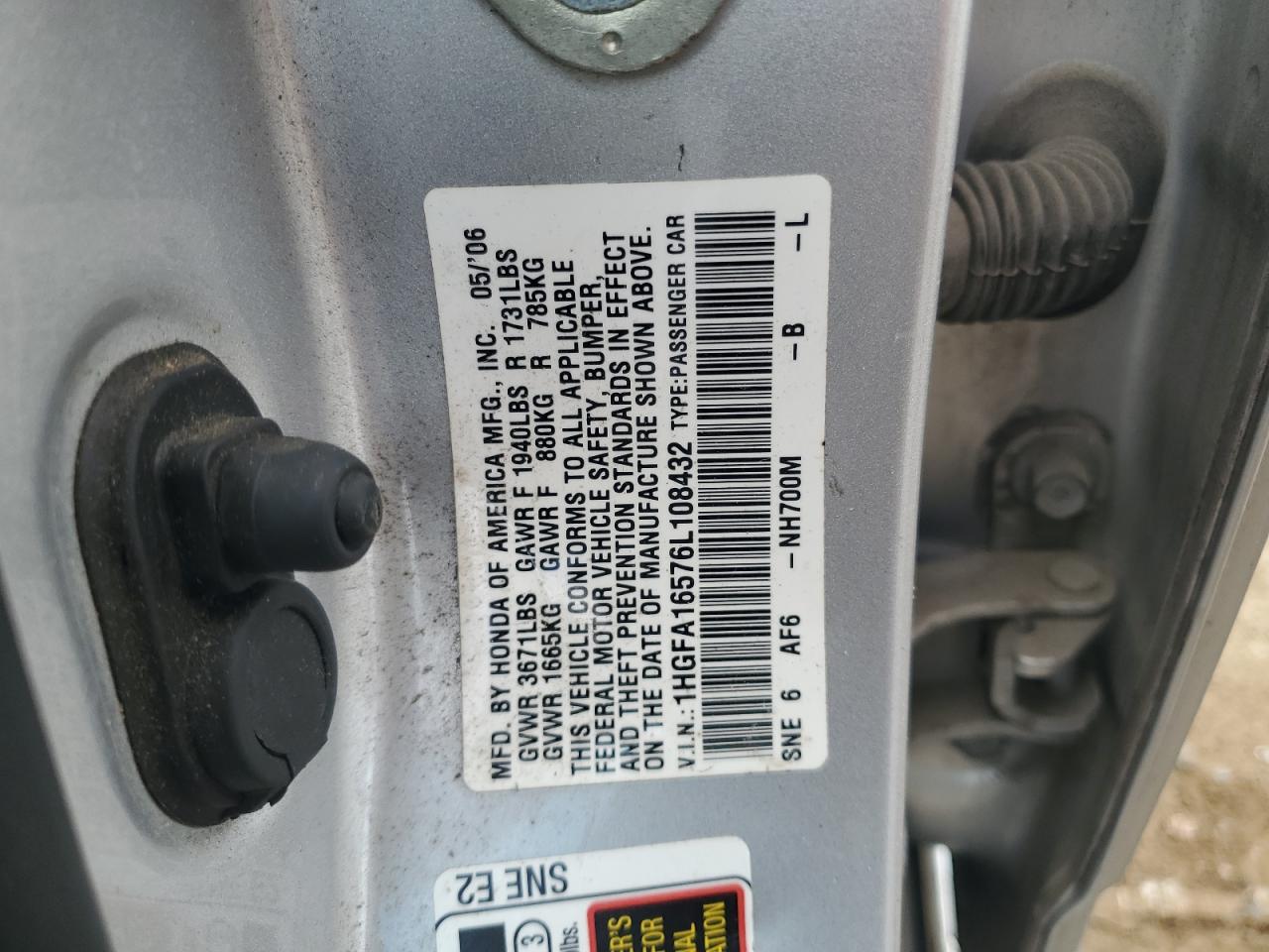 2006 Honda Civic Lx VIN: 1HGFA16576L108432 Lot: 65280865