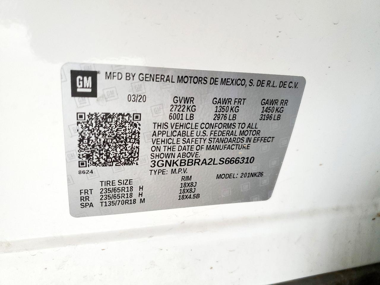 2020 Chevrolet Blazer 1Lt VIN: 3GNKBBRA2LS666310 Lot: 63076985
