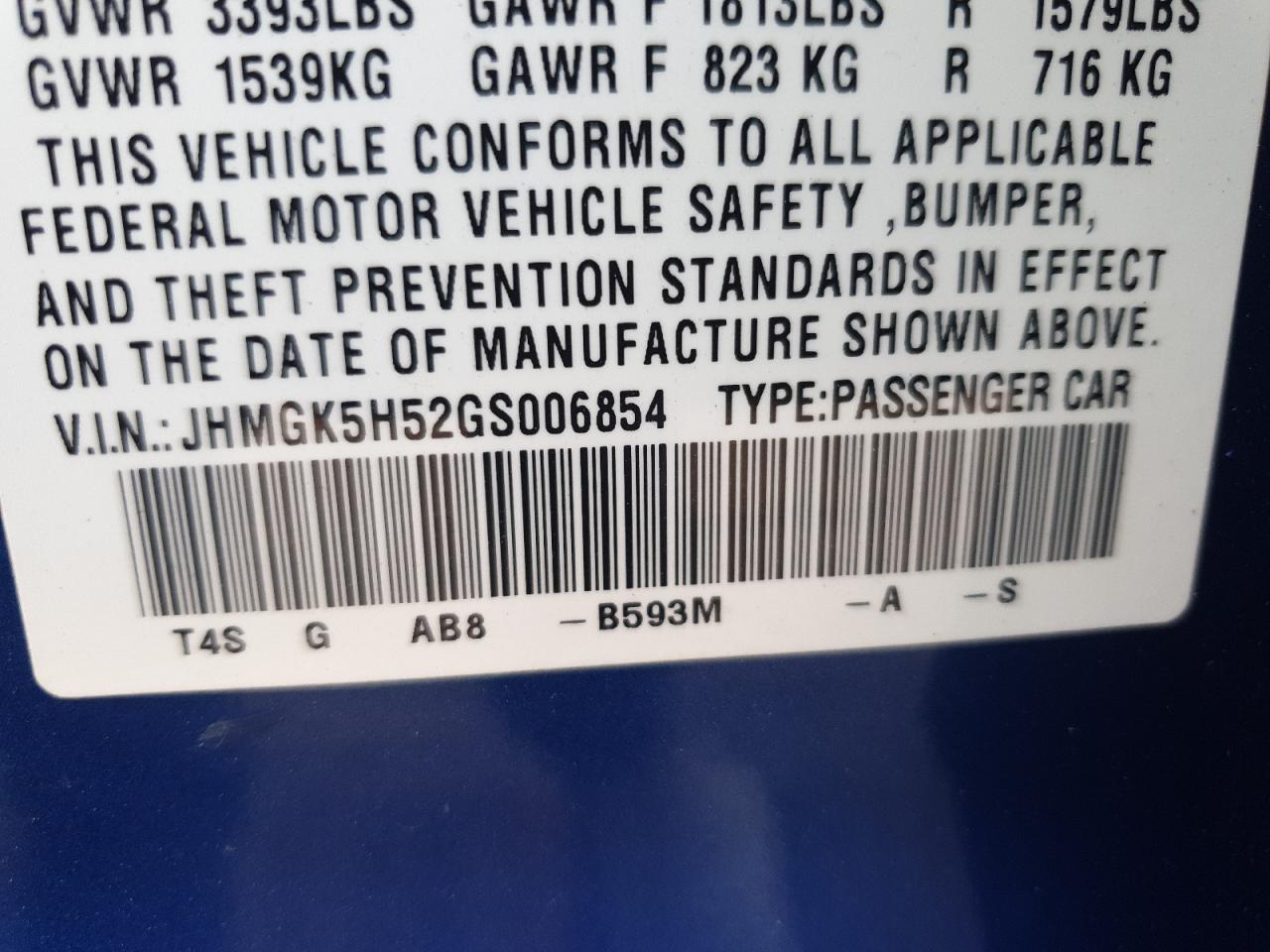 2016 Honda Fit Lx VIN: JHMGK5H52GS006854 Lot: 65292765