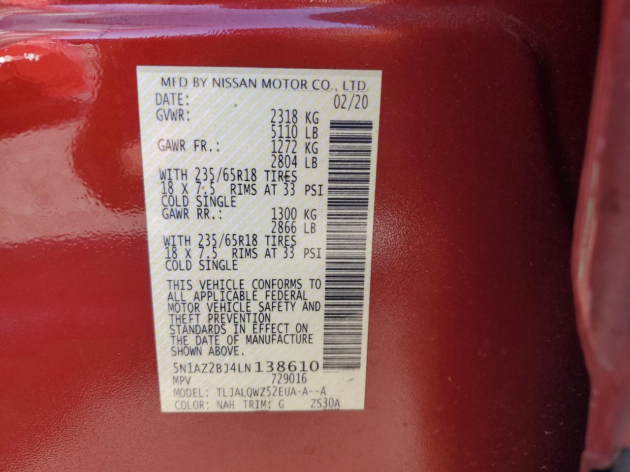 2020 Nissan Murano Sv VIN: 5N1AZ2BJ4LN138610 Lot: 63795995