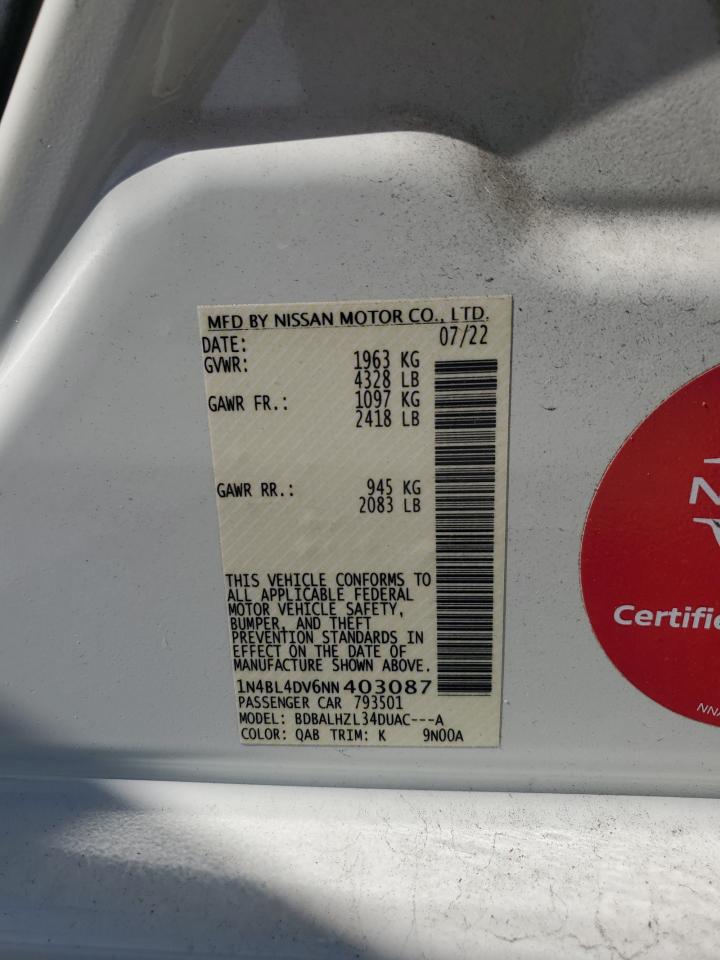 2022 Nissan Altima Sv VIN: 1N4BL4DV6NN403087 Lot: 63222975