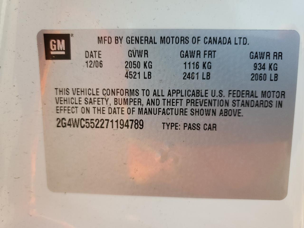 2007 Buick Lacrosse Cx VIN: 2G4WC552271194789 Lot: 65369665
