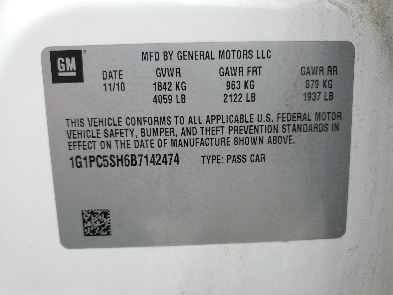 2011 Chevrolet Cruze Ls VIN: 1G1PC5SH6B7142474 Lot: 65426035