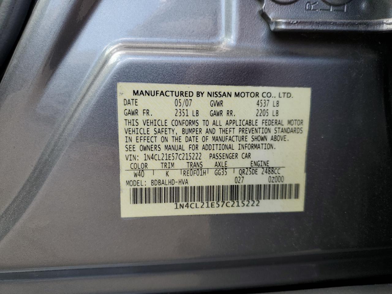 2007 Nissan Altima Hybrid VIN: 1N4CL21E57C215222 Lot: 63685155
