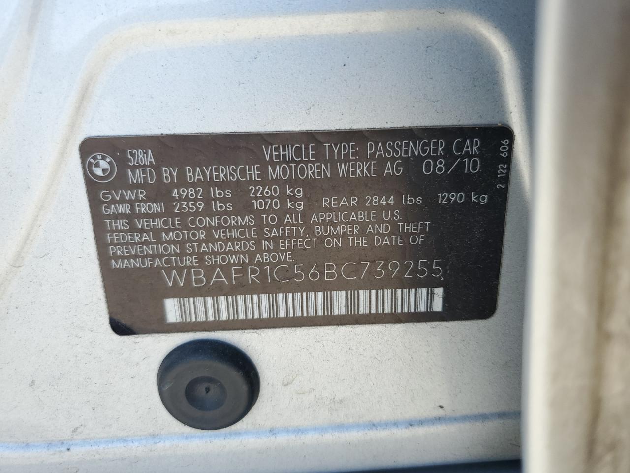 2011 BMW 528 I VIN: WBAFR1C56BC739255 Lot: 63147825