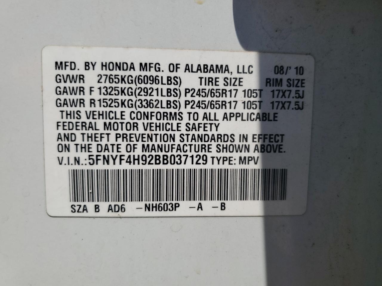 2011 Honda Pilot Touring VIN: 5FNYF4H92BB037129 Lot: 61978905