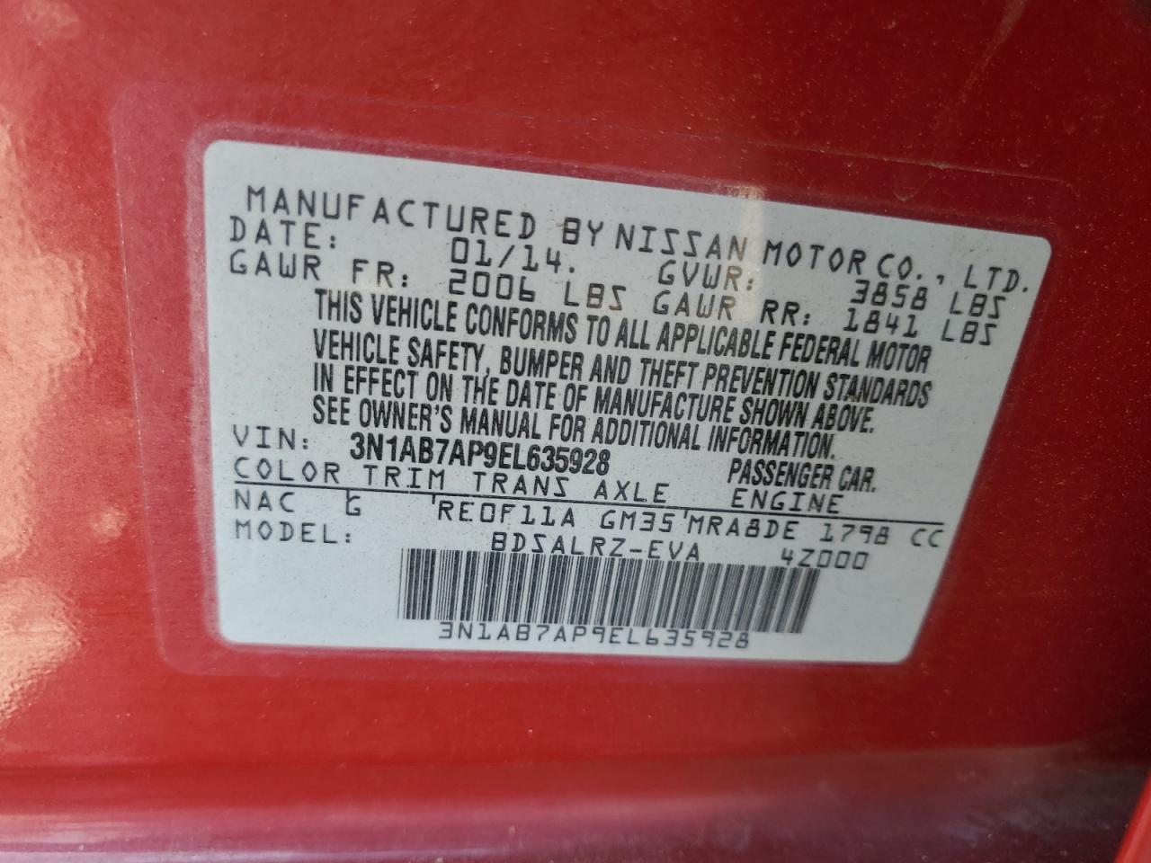 2014 Nissan Sentra S VIN: 3N1AB7AP9EL635928 Lot: 66650835