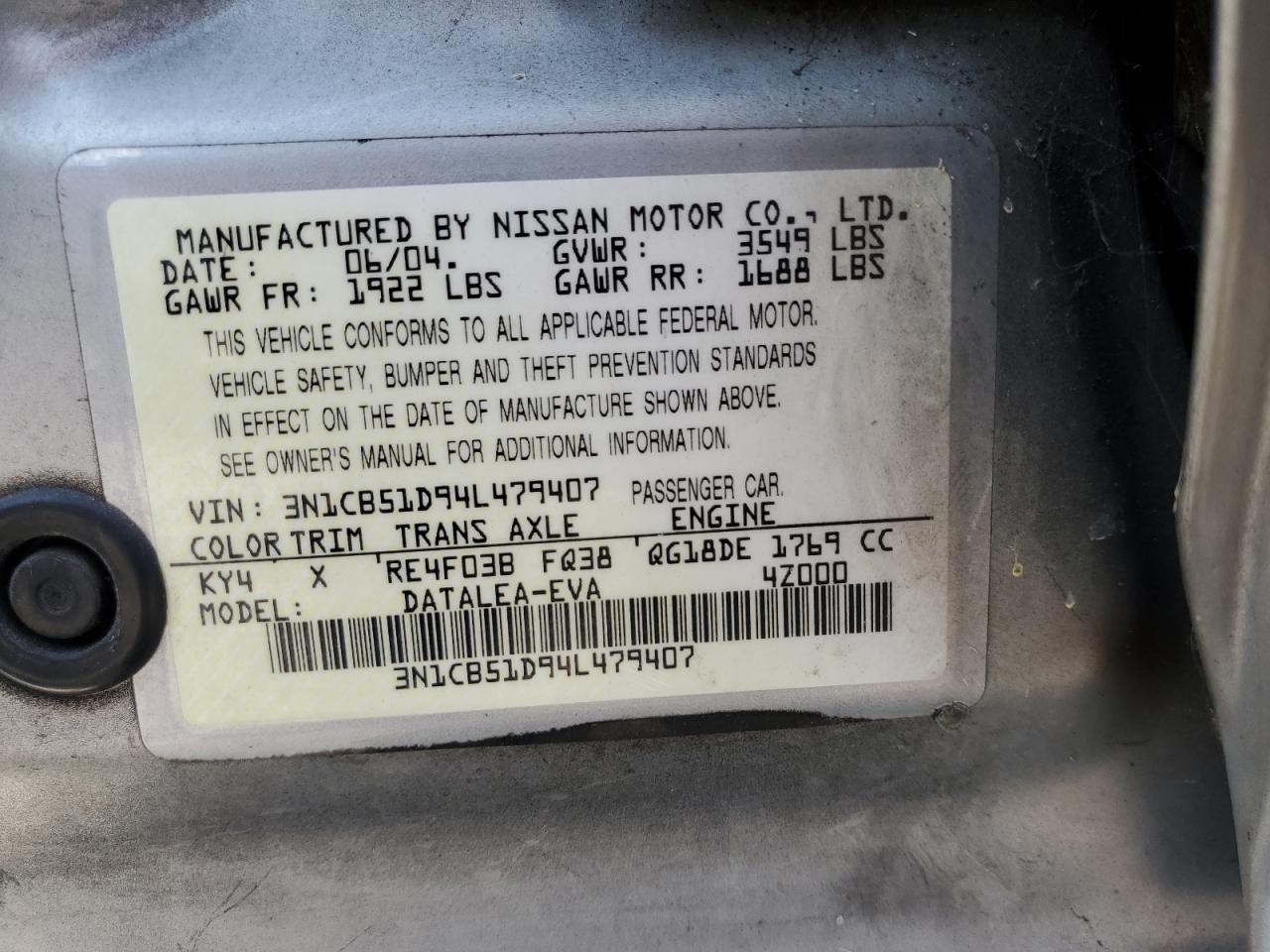 2004 Nissan Sentra 1.8 VIN: 3N1CB51D94L479407 Lot: 65084185