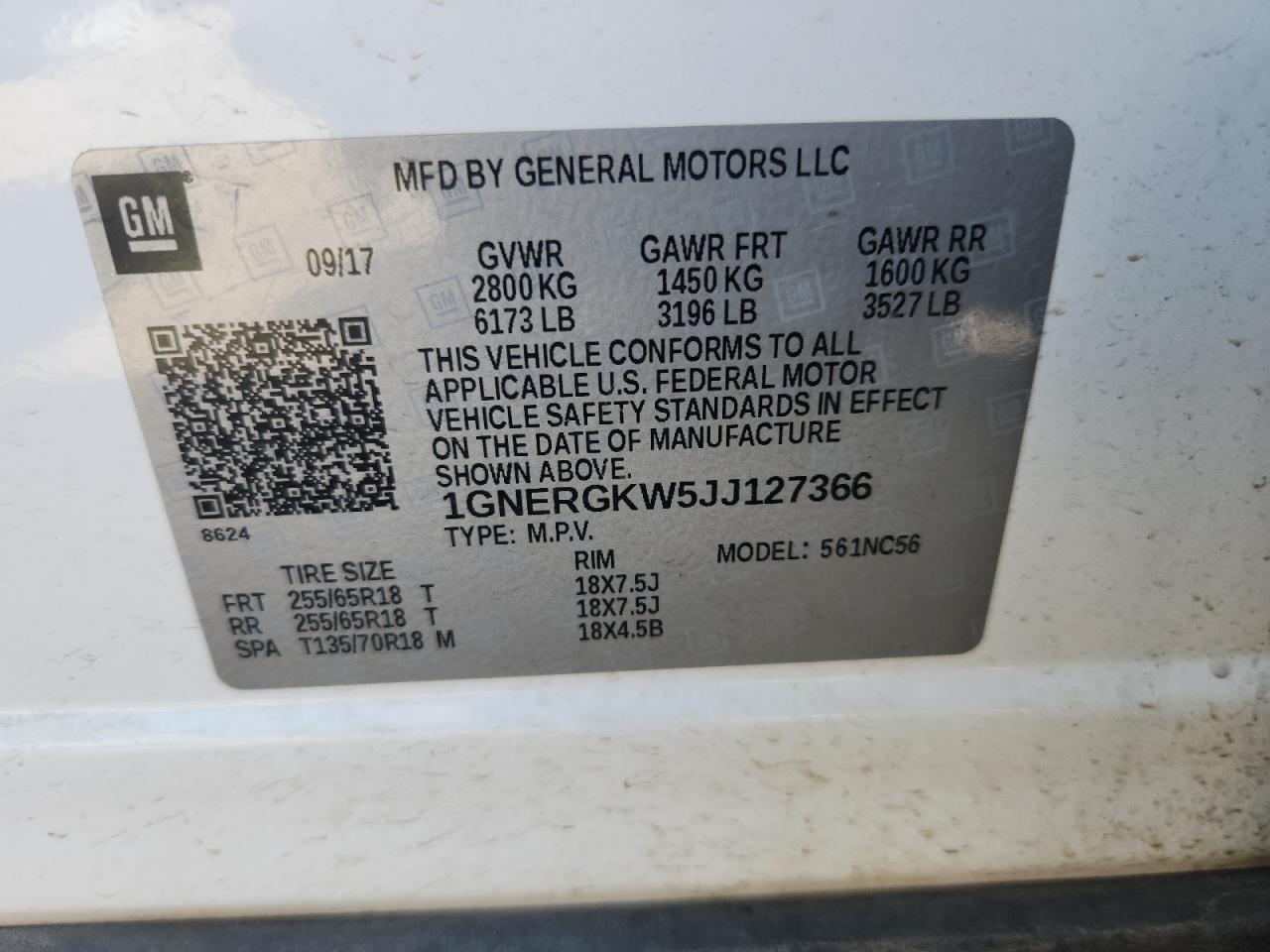 2018 Chevrolet Traverse Lt VIN: 1GNERGKW5JJ127366 Lot: 63100275