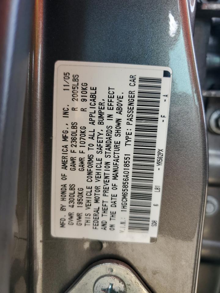 2006 Honda Accord Ex VIN: 1HGCM65856A018551 Lot: 64599015