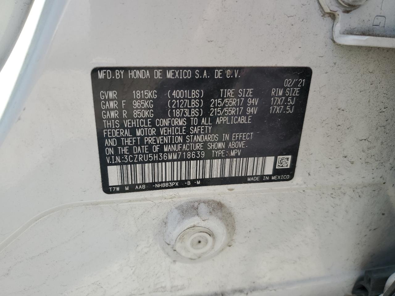 2021 Honda Hr-V Lx VIN: 3CZRU5H36MM718639 Lot: 66547415