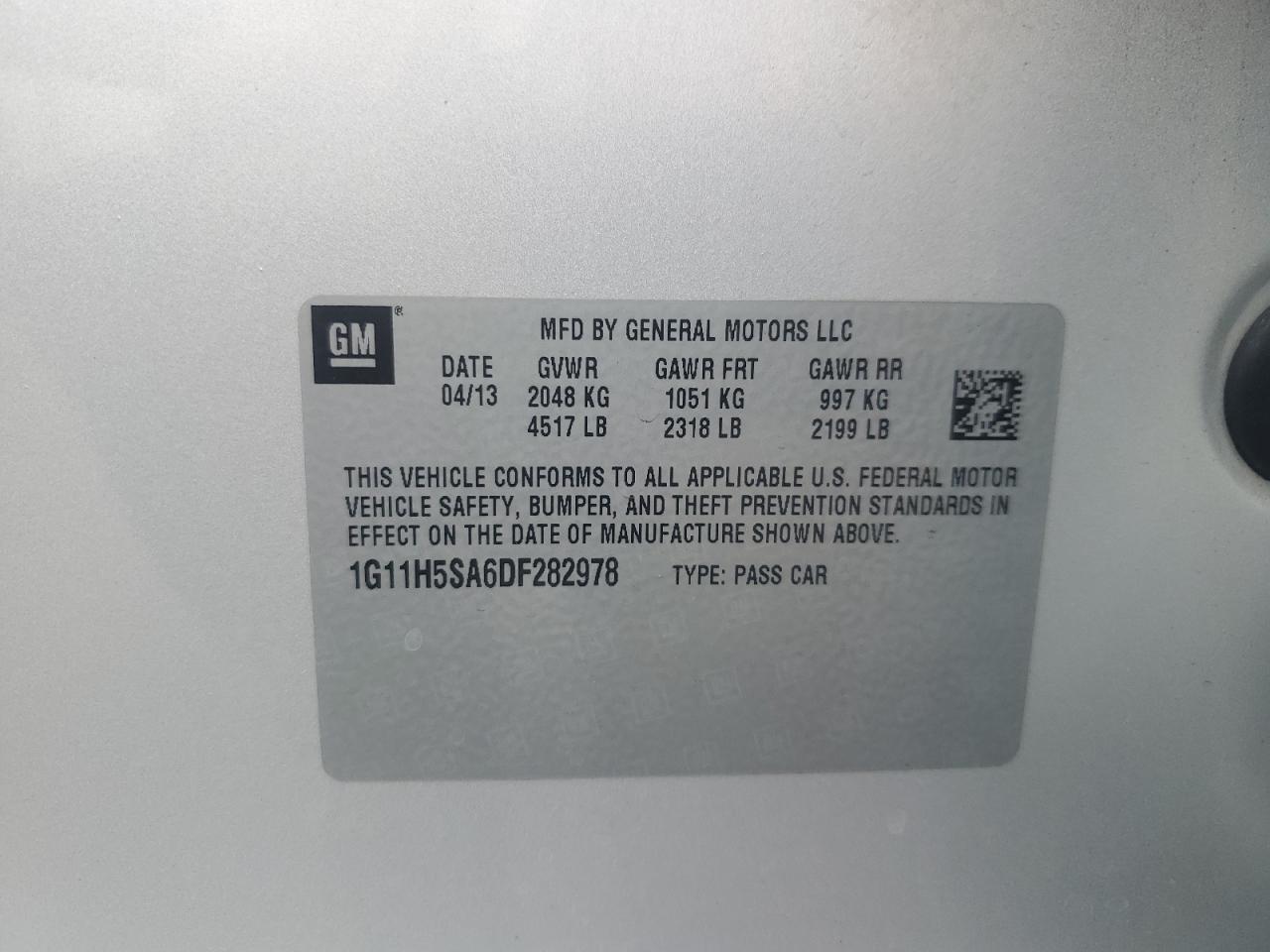 2013 Chevrolet Malibu Ltz VIN: 1G11H5SA6DF282978 Lot: 66997975