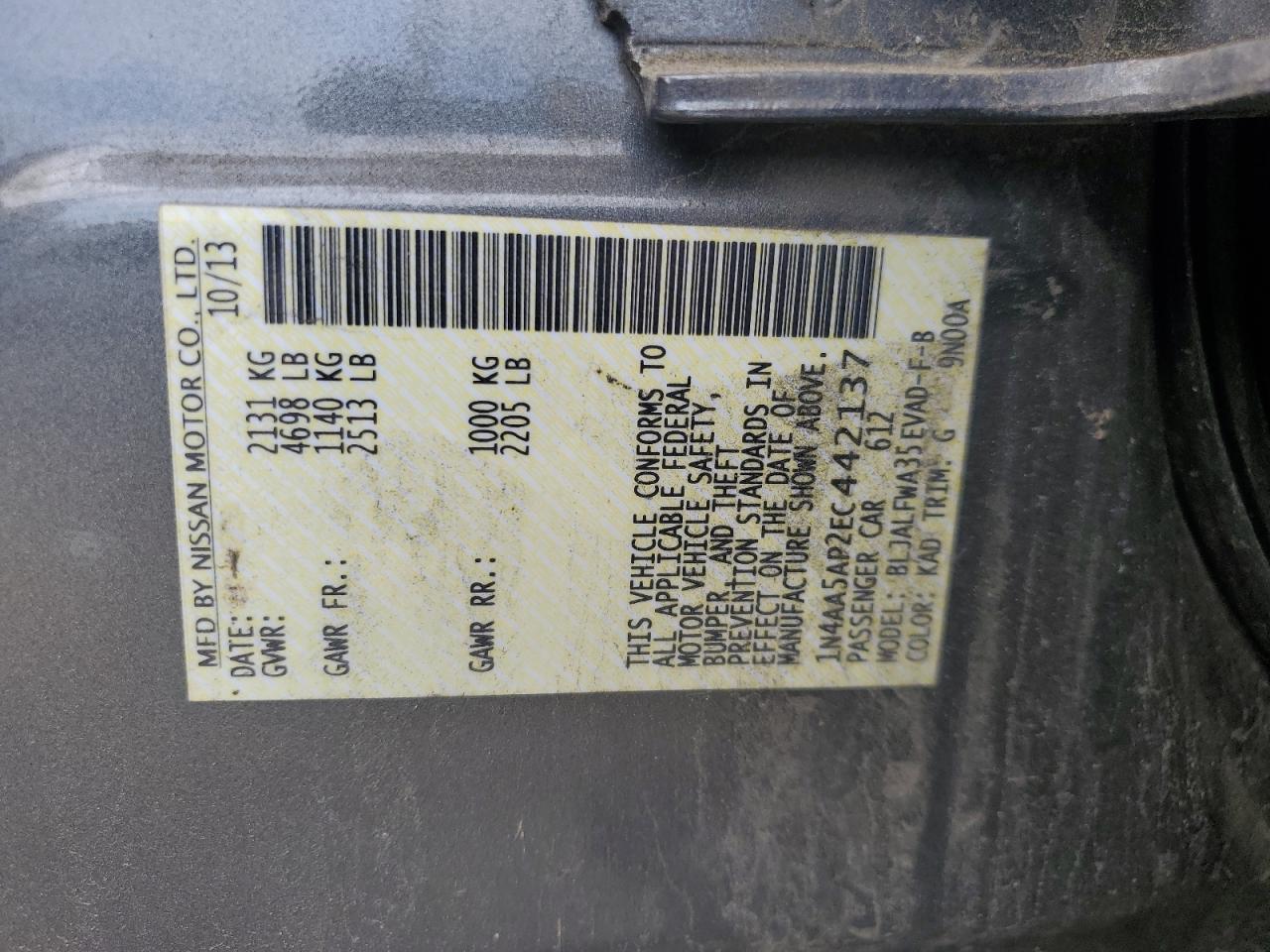 2014 Nissan Maxima S VIN: 1N4AA5AP2EC442137 Lot: 64786785