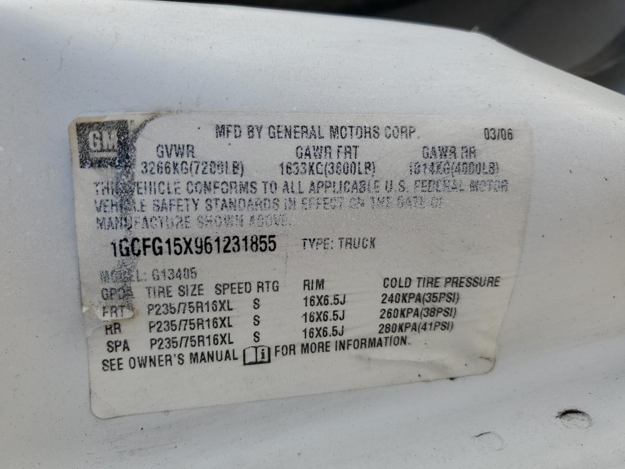 2006 Chevrolet Express G1500 VIN: 1GCFG15X961231855 Lot: 64241235