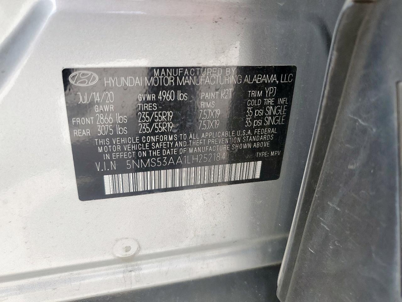 2020 Hyundai Santa Fe Limited VIN: 5NMS53AA1LH252184 Lot: 63023995