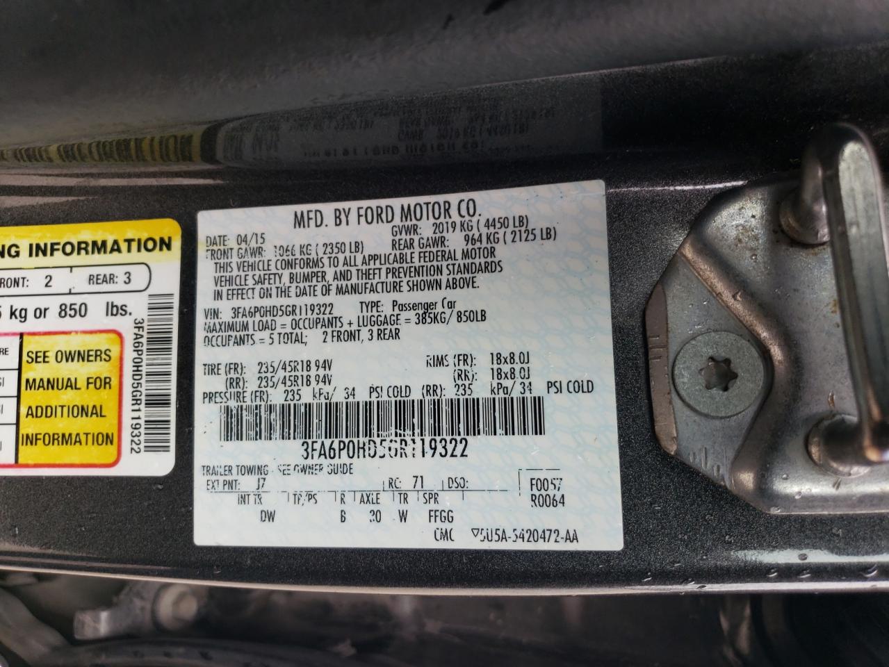 2016 Ford Fusion Se VIN: 3FA6P0HD5GR119322 Lot: 65289675