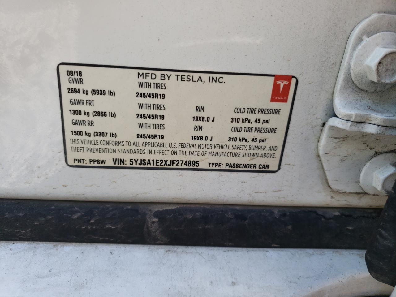 2018 Tesla Model S VIN: 5YJSA1E2XJF274895 Lot: 63529765