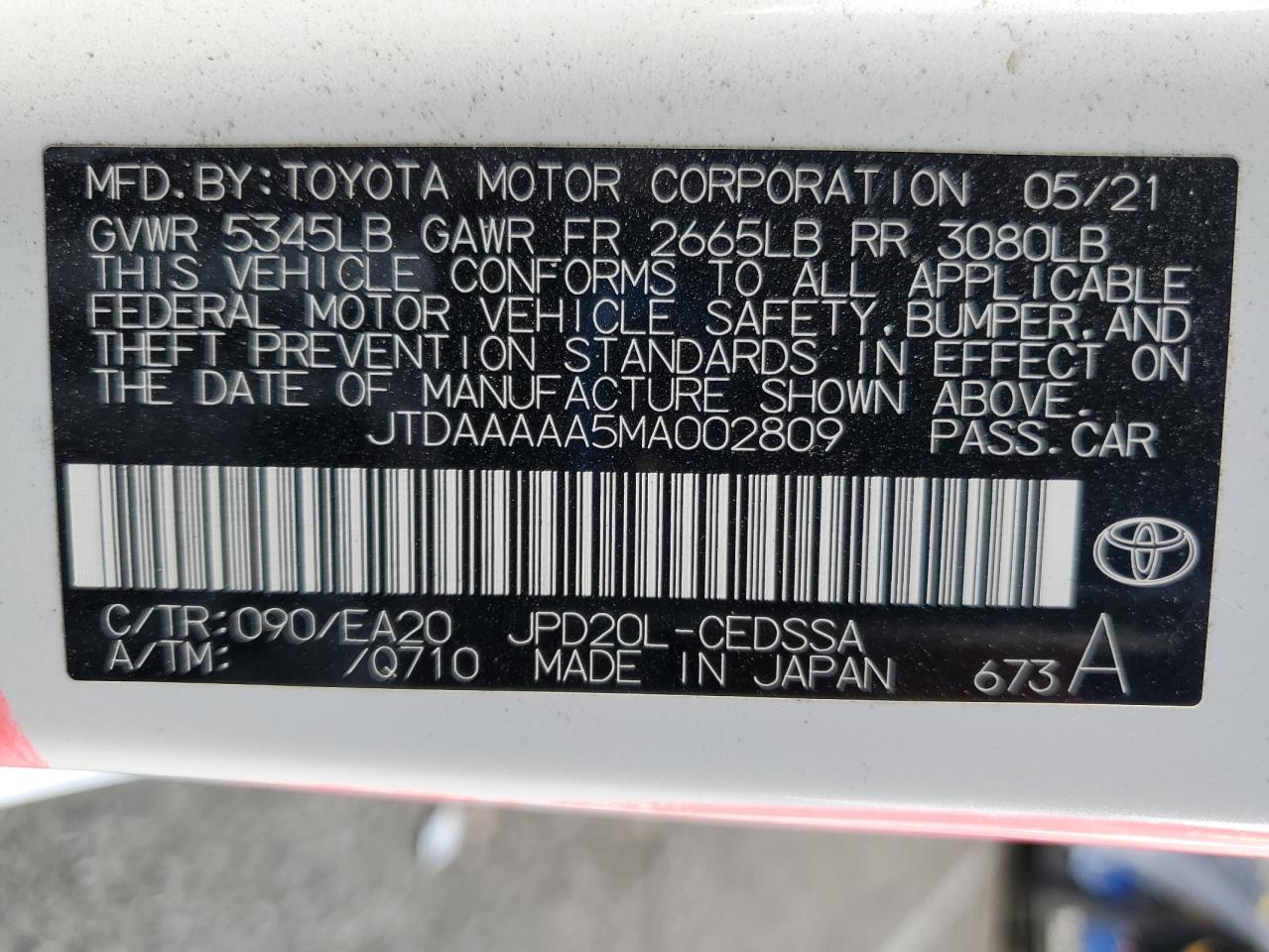 2021 Toyota Mirai Xle VIN: JTDAAAAA5MA002809 Lot: 65477605