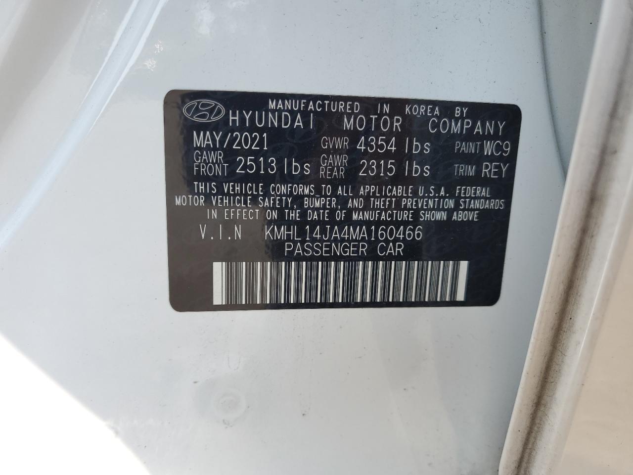 2021 Hyundai Sonata Sel VIN: KMHL14JA4MA160466 Lot: 66268855