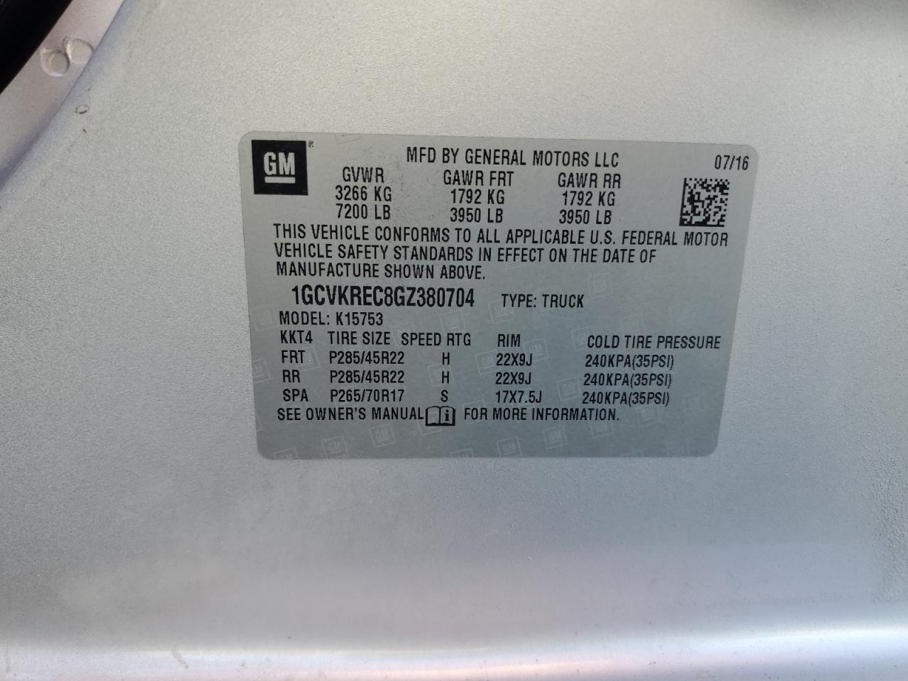 2016 Chevrolet Silverado K1500 Lt VIN: 1GCVKREC8GZ380704 Lot: 63633585