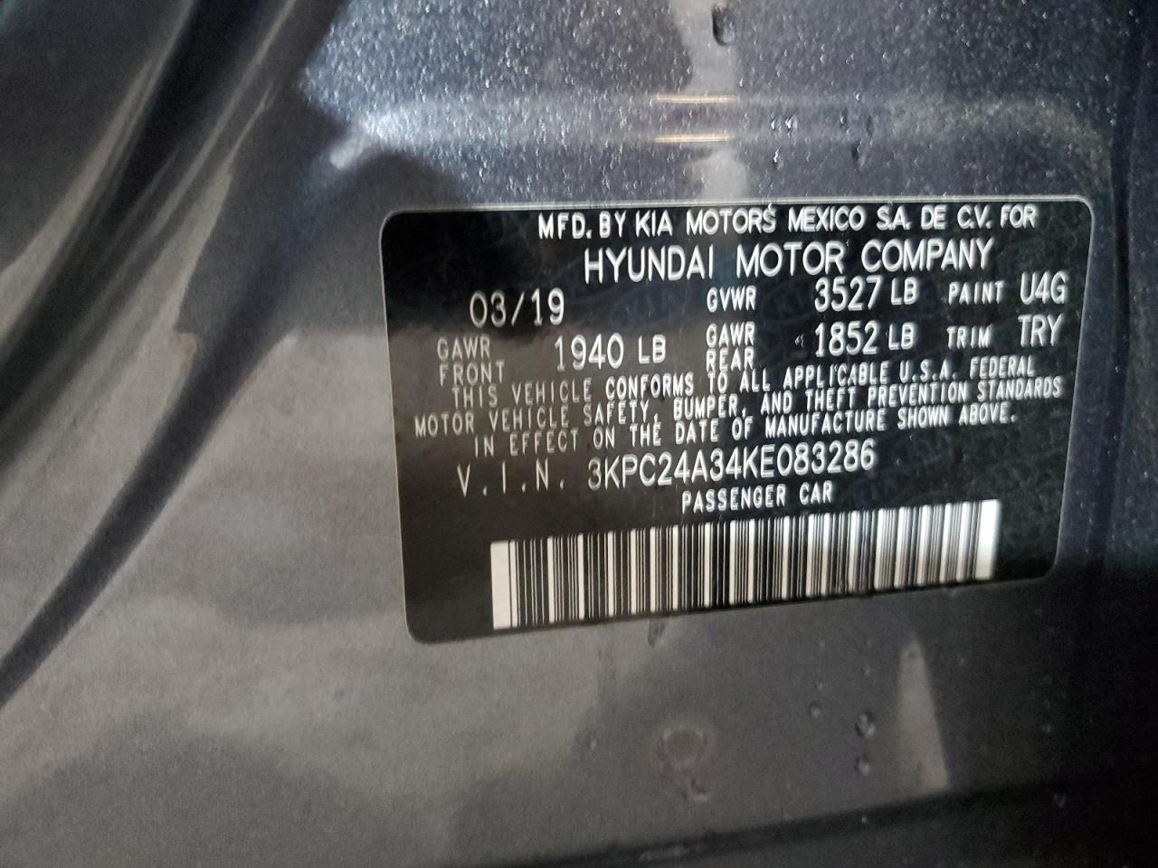 2019 Hyundai Accent Se VIN: 3KPC24A34KE083286 Lot: 62494255