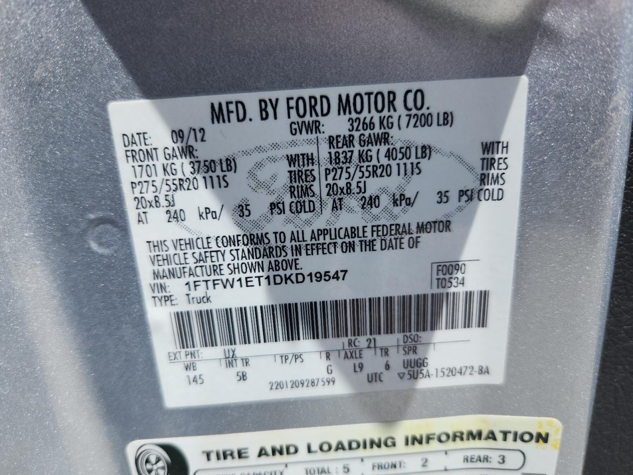 2013 Ford F150 Supercrew VIN: 1FTFW1ET1DKD19547 Lot: 63140575