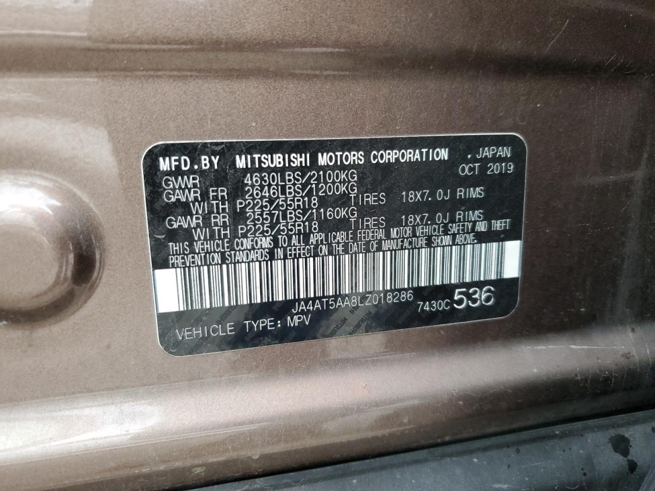 2020 Mitsubishi Eclipse Cross Se VIN: JA4AT5AA8LZ018286 Lot: 65461505