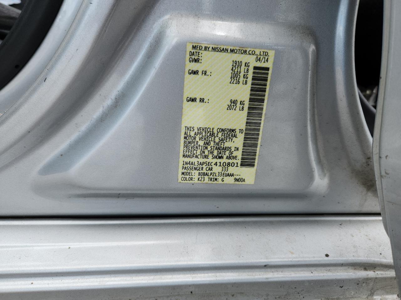 2014 Nissan Altima 2.5 VIN: 1N4AL3AP5EC410801 Lot: 65158095