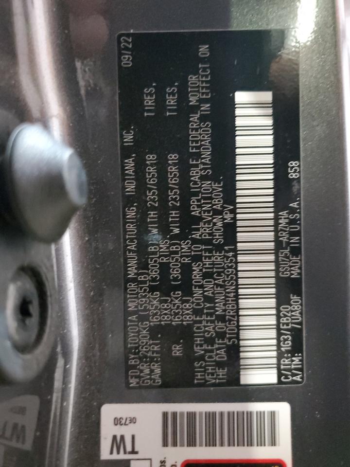 2022 Toyota Highlander Xle VIN: 5TDGZRBH4NS593541 Lot: 63776585