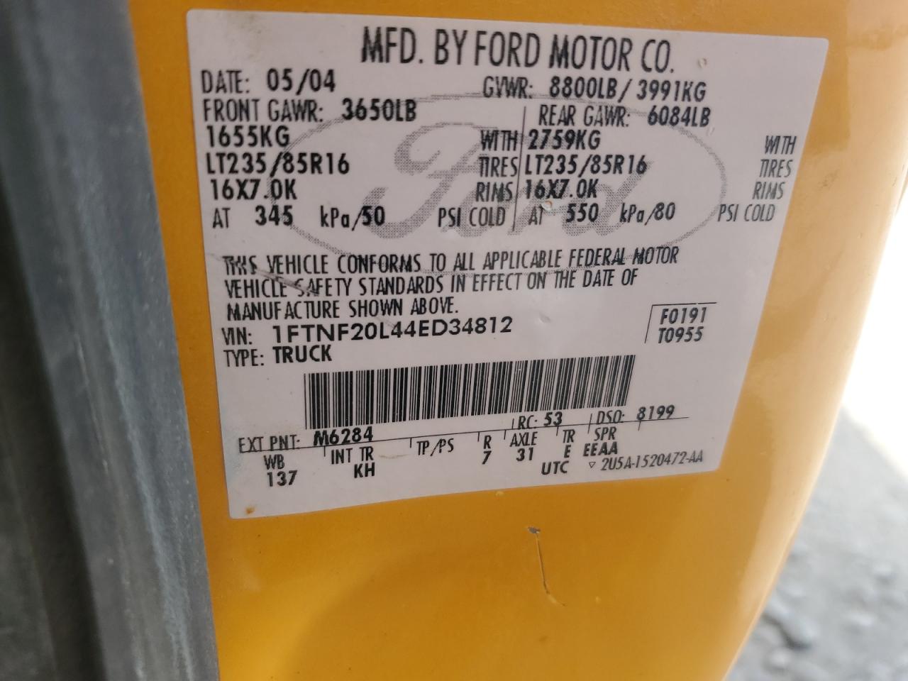 2004 Ford F250 Super Duty VIN: 1FTNF20L44ED34812 Lot: 66222315