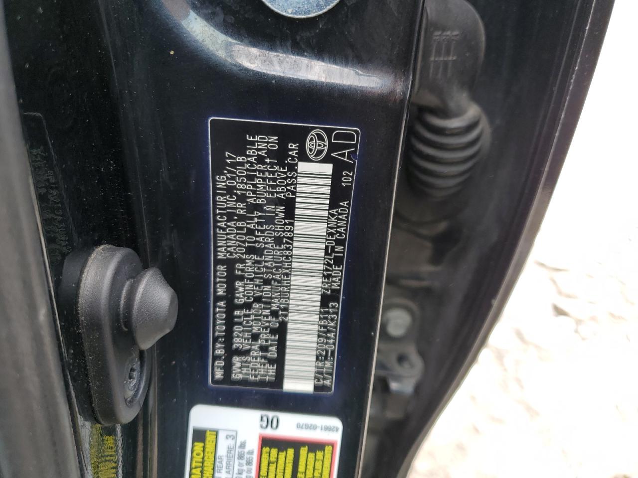 2017 Toyota Corolla L VIN: 2T1BURHEXHC837891 Lot: 64758995