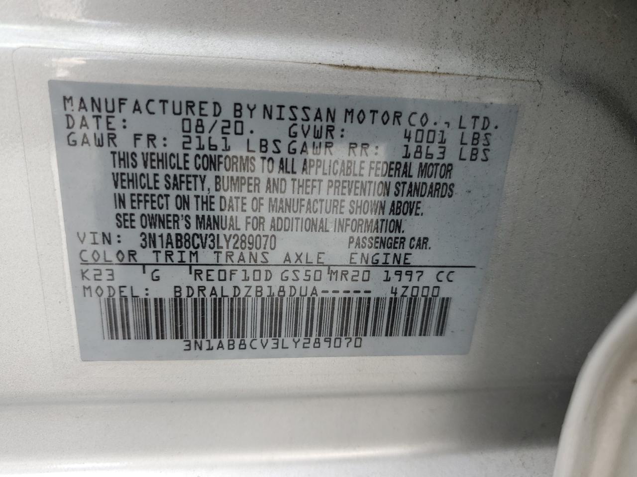2020 Nissan Sentra Sv VIN: 3N1AB8CV3LY289070 Lot: 64455095