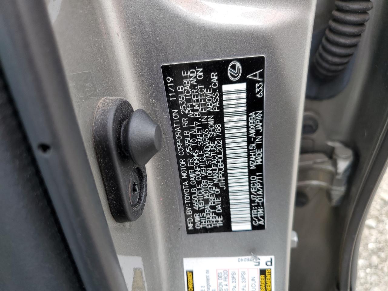 2020 Lexus Ux 250H VIN: JTHP9JBH0L2021788 Lot: 64630595