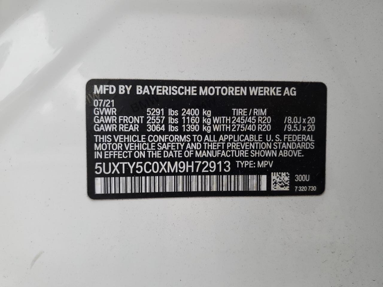 2021 BMW X3 xDrive30I VIN: 5UXTY5C0XM9H72913 Lot: 64779145