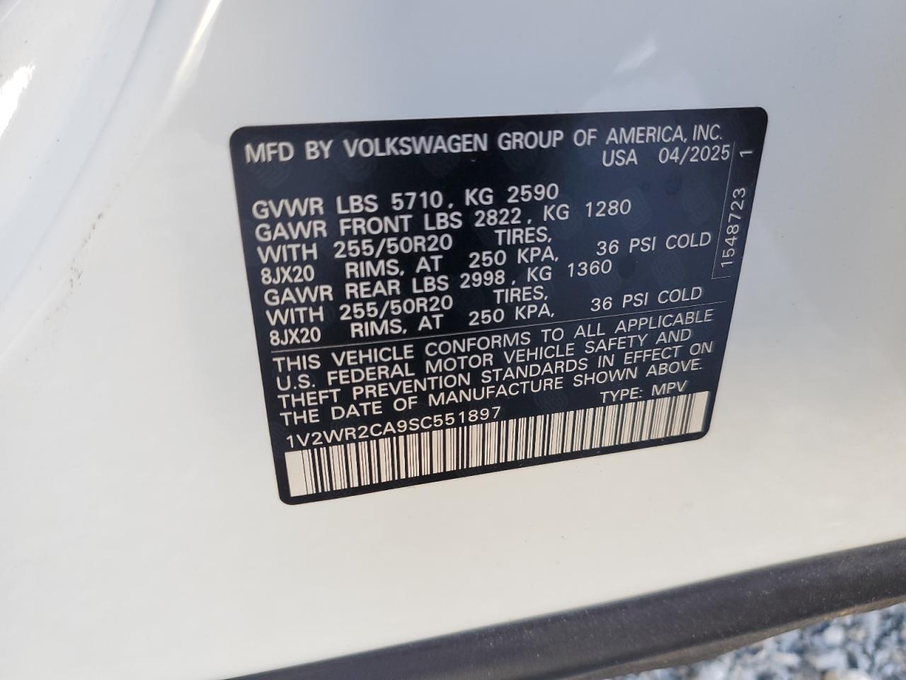 2025 Volkswagen Atlas Se VIN: 1V2WR2CA9SC551897 Lot: 63048855