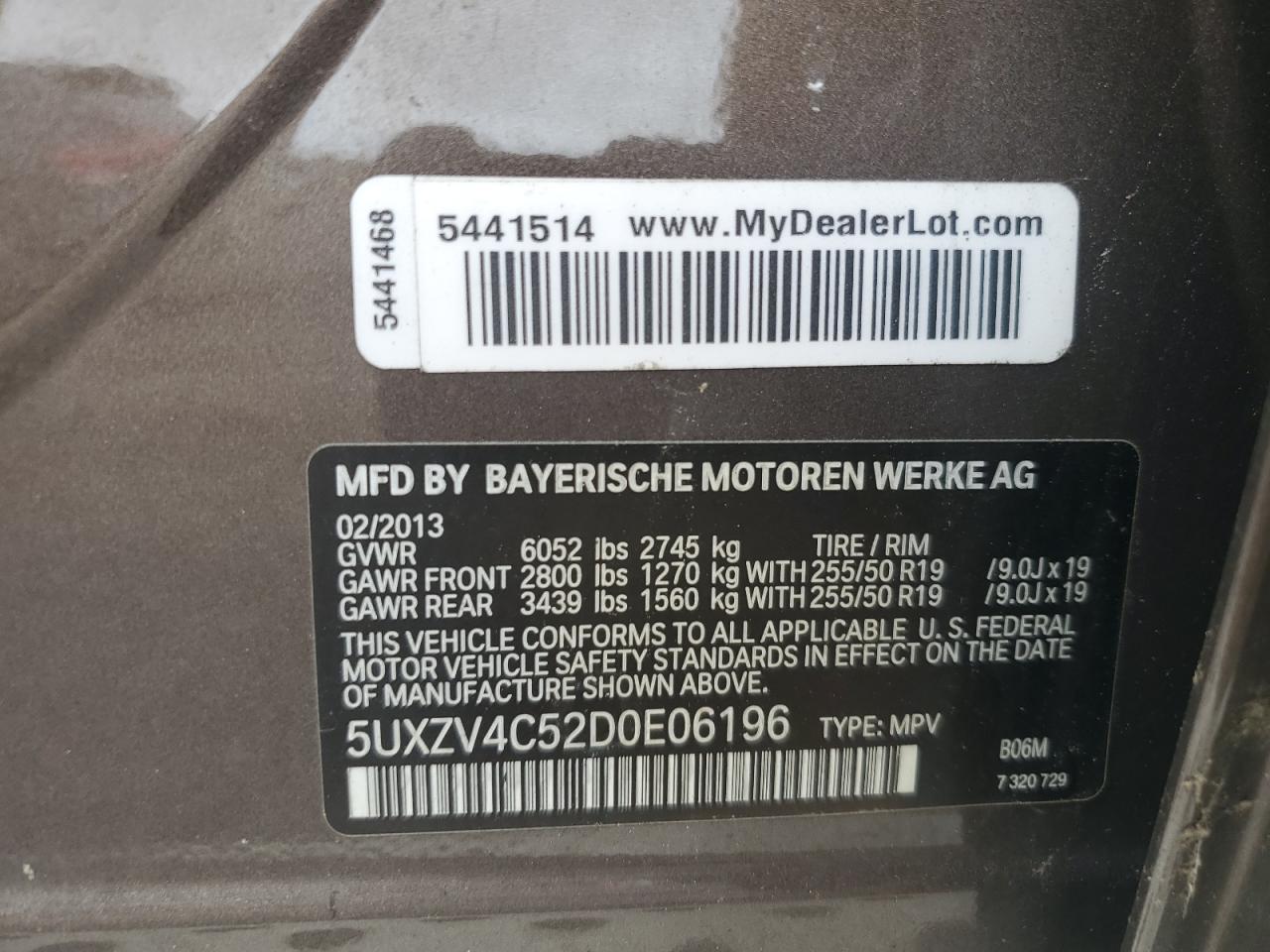 2013 BMW X5 xDrive35I VIN: 5UXZV4C52D0E06196 Lot: 64768535