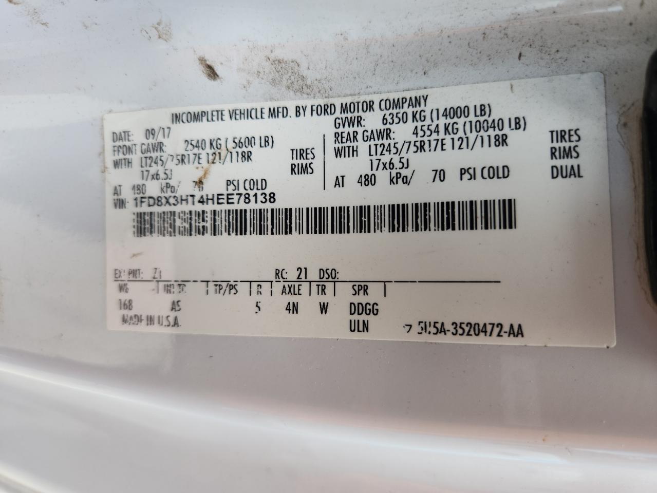 2017 Ford F350 Super Duty VIN: 1FD8X3HT4HEE78138 Lot: 65178825