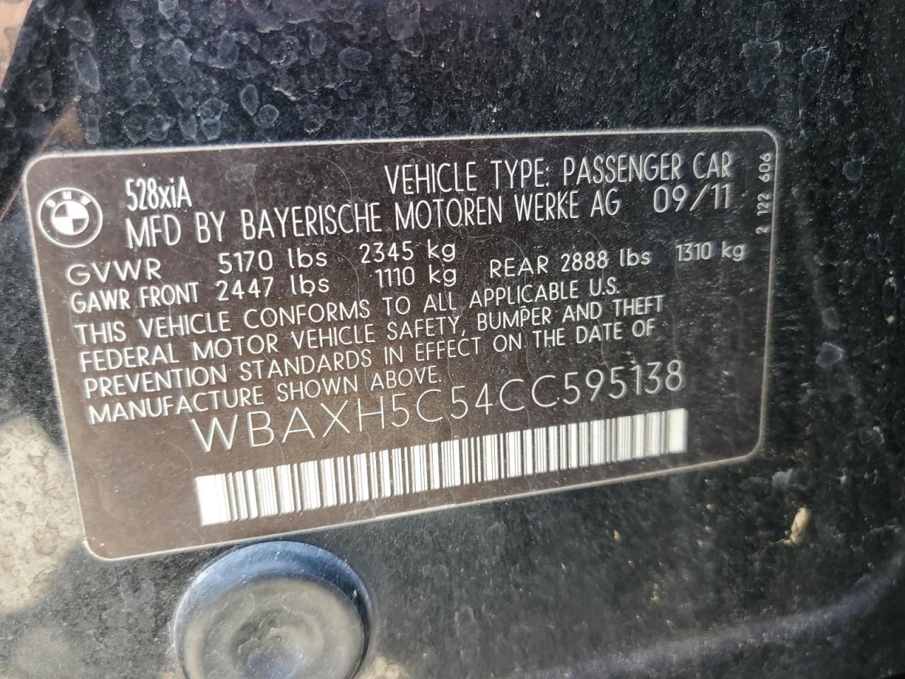 2012 BMW 528 Xi VIN: WBAXH5C54CC595138 Lot: 62810025